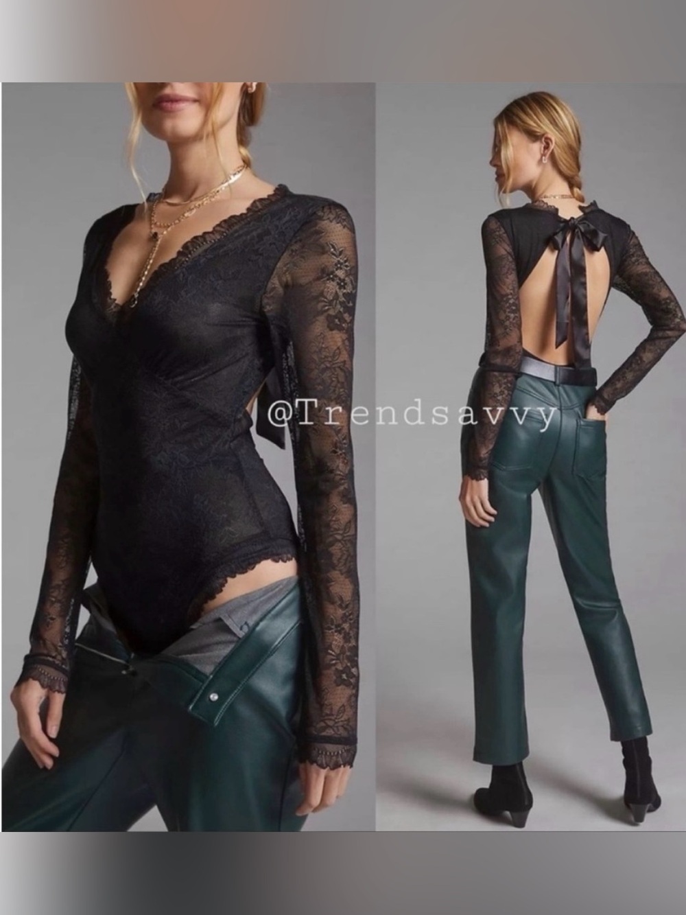 Anthropologie Black Floral Lace Open Back Bodysuit Large Long Sleeve Evening Top